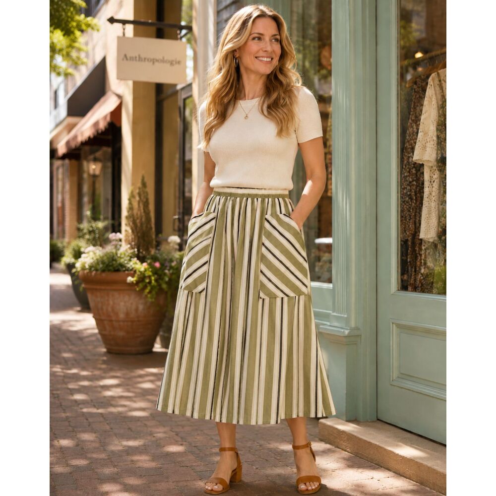 Anthro Akemi + Kin NWT Striped Midi Skirt Size S Linen Blend Cottage Core Boho